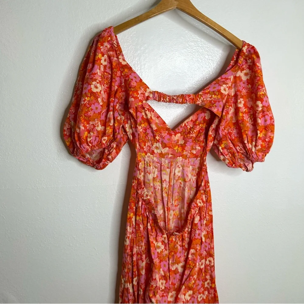 Free People 100% Cotton Bright Pink Puff Sleeve Wide Leg Jumpsuit Size Small